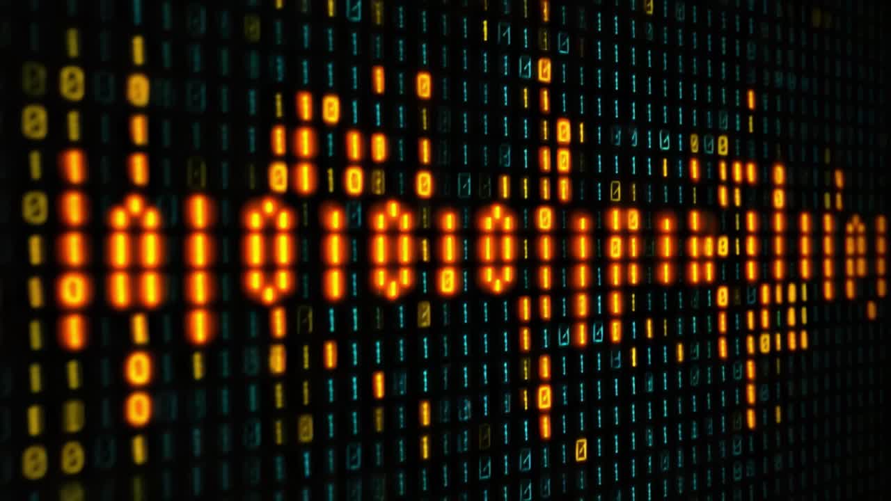 Digital numbers scrolling on a computer screen, creating an abstract animation of binary code with a shallow depth of field, representing concepts of data, hacking, and modern technology