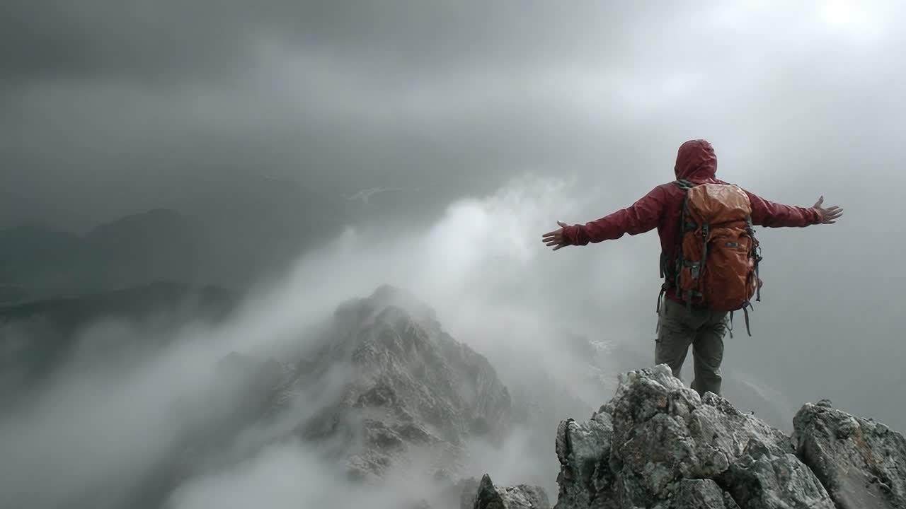 A Majestic Hiker Embracing the Elements at the Summit: Battling Wind and Rain on a Daring Mountain Adventure