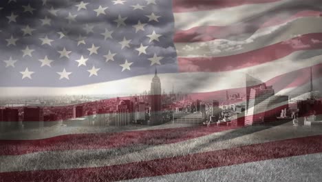 digital animation of american flag swaying against cityscape 4k