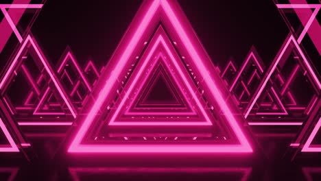 fondo abstracto, triángulos de neón rosado. triángulo futuro túnel espacial. espectáculo de láser, realidad virtual, líneas brillantes, túnel, pasillo, portal triangular de neón. avanzando. bucle de animación 3d en 4k