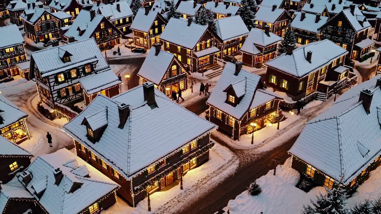Aerial view of snow-covered village with warm lights glowing from windows, creating a cozy winter