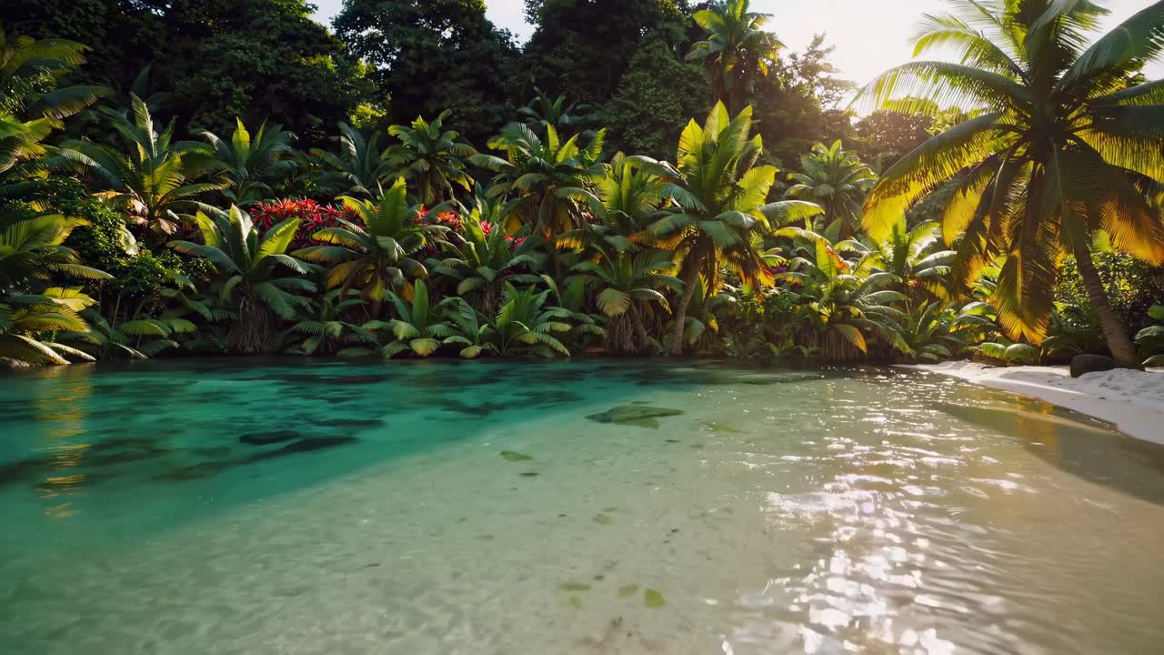 Uma cachoeira serena deságua em uma piscina exuberante na selva, capturada em um ângulo baixo