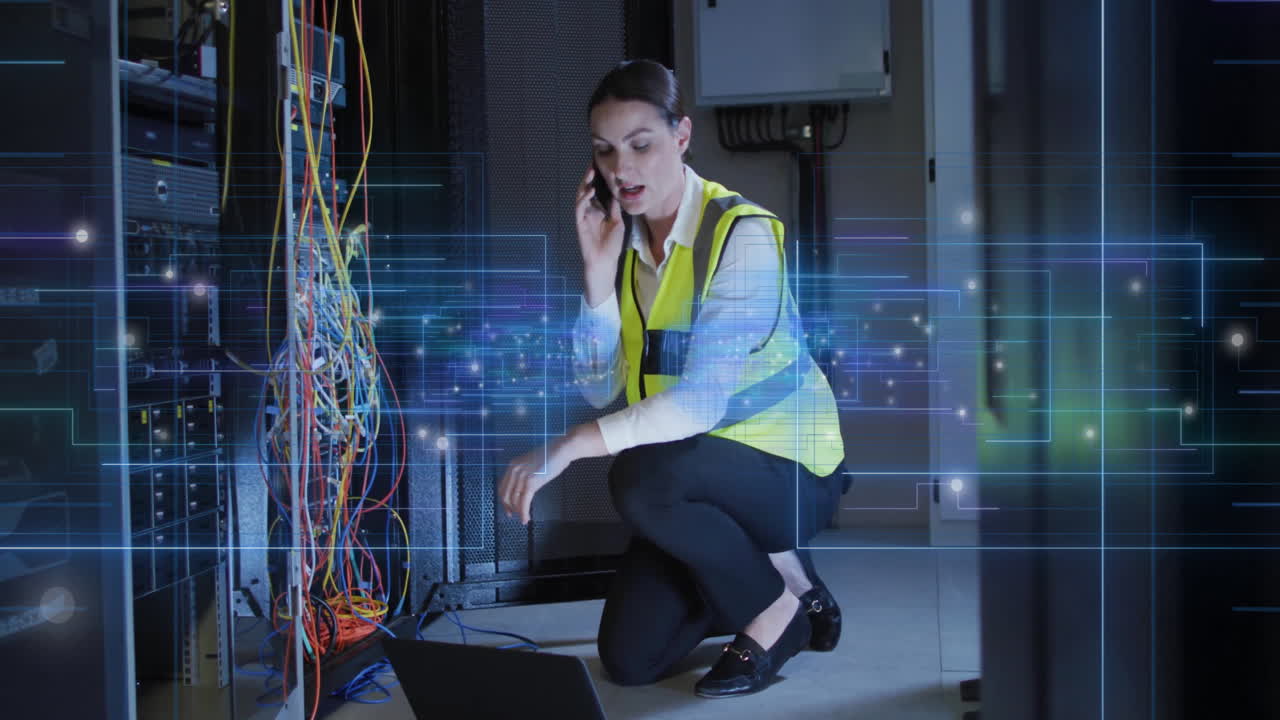 Animation of circuit board and data processing over caucasian female it engineer by computer servers