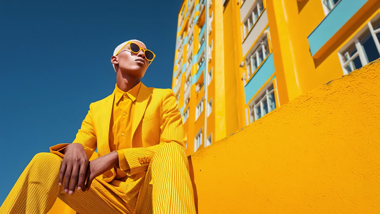 A Vibrant Display of Fashion and Style in Bold Yellow Attire with Stripes: A Confident Model in a Striking Sunglass Ensemble Poses Against a Brightly Colored Urban Backdrop, Achieving a Stunning Visual Effect