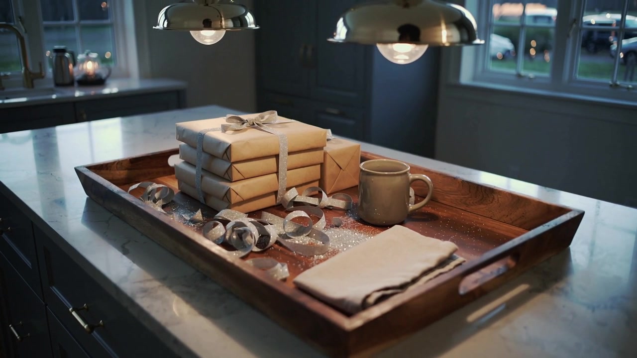 Pulling back camera revealing wooden serving tray on marble island, with kraft gifts, pendant lamps