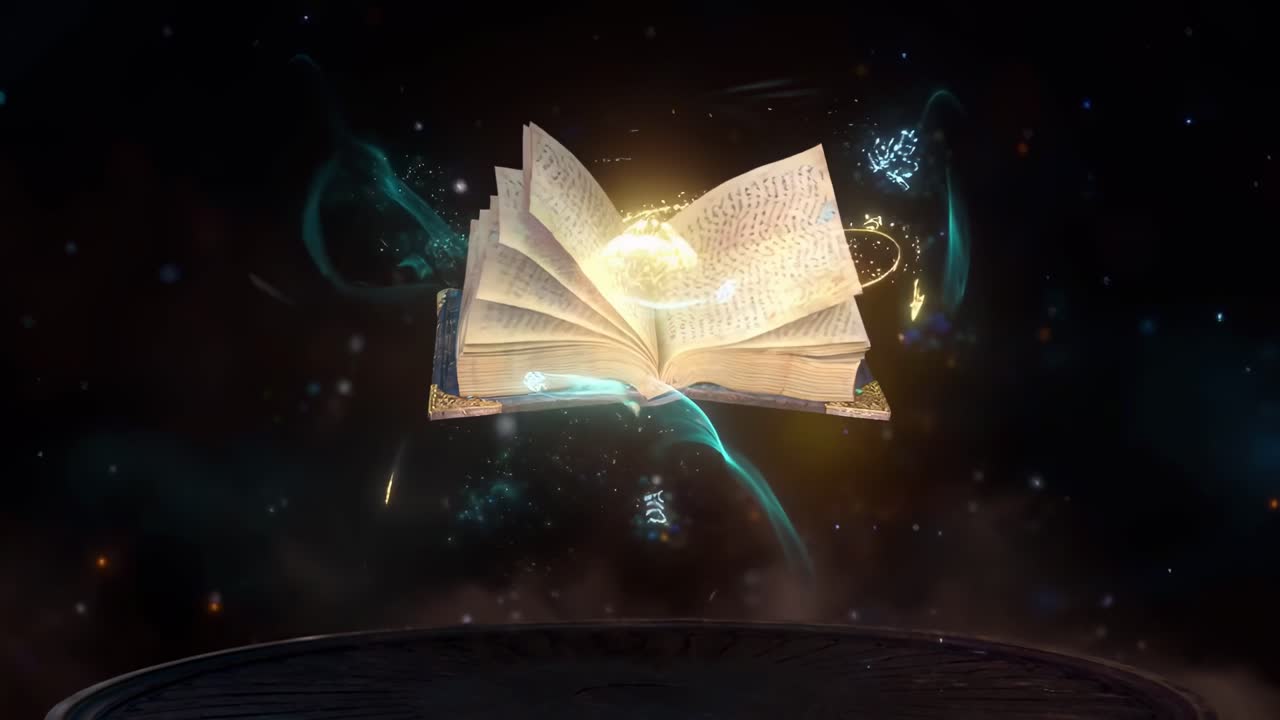 Livro mágico flutuando com runas luminosas, capturado de um ângulo baixo.