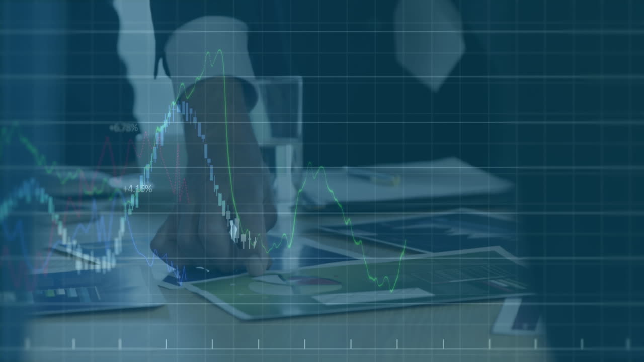 Animation of financial statistics recording over businessmen in meeting checking data