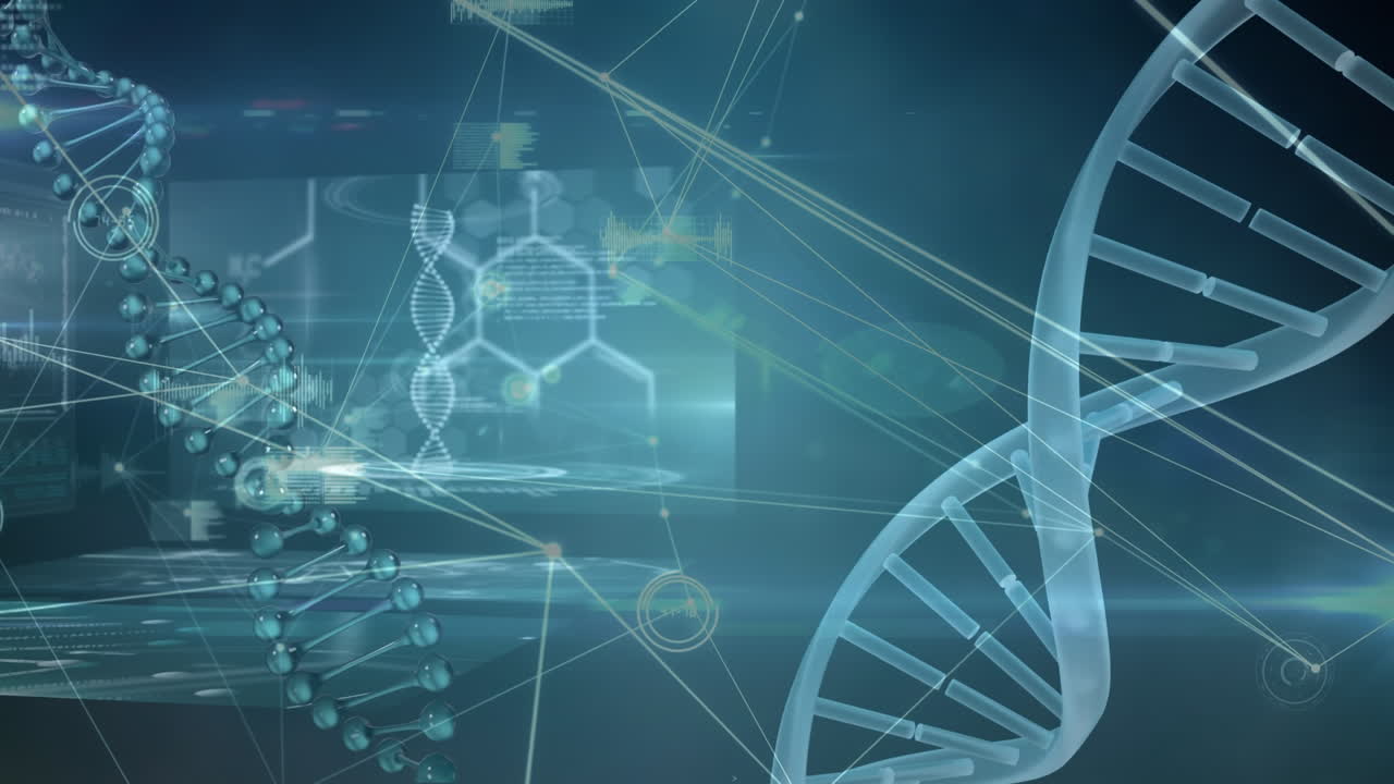 Animation of dna strand spinning over scientific data processing on blue background