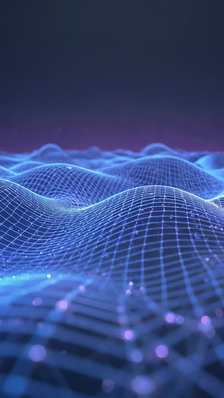 Vertical video: Moving view showing rippling blue grid to purple glow, pulsing nodes as data field