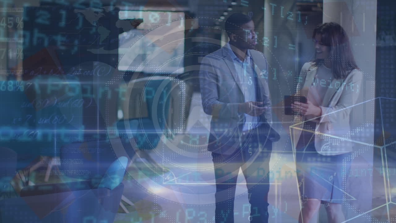 Animation of processing circle and data over diverse female and male coworkers in office