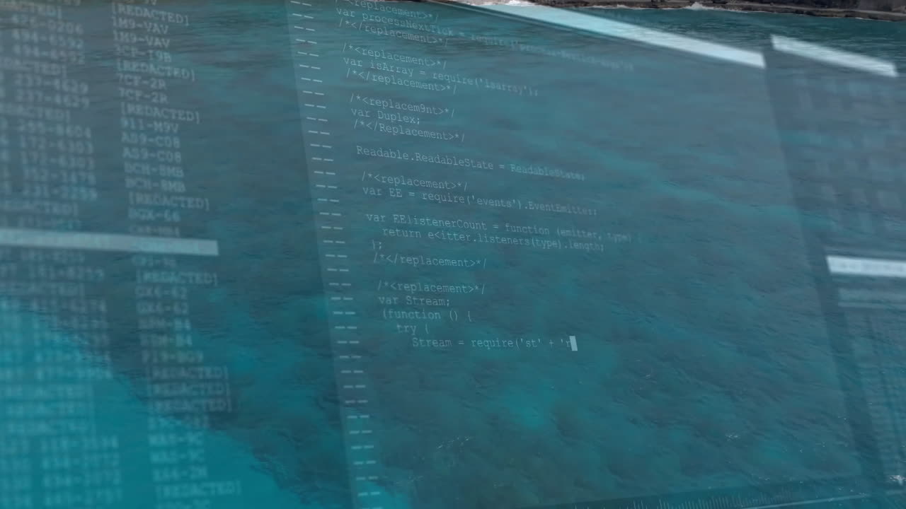 Floating code editor window displaying JavaScript code over turquoise ocean surface in flat design