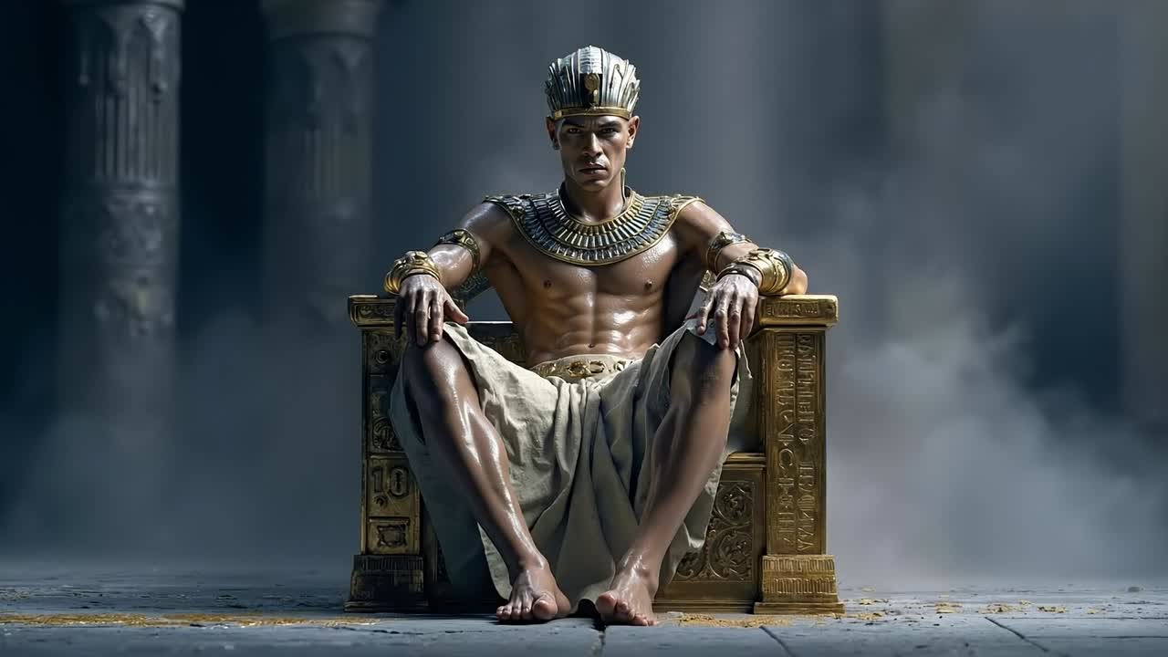 A statue of a man sitting on a throne in a dark room