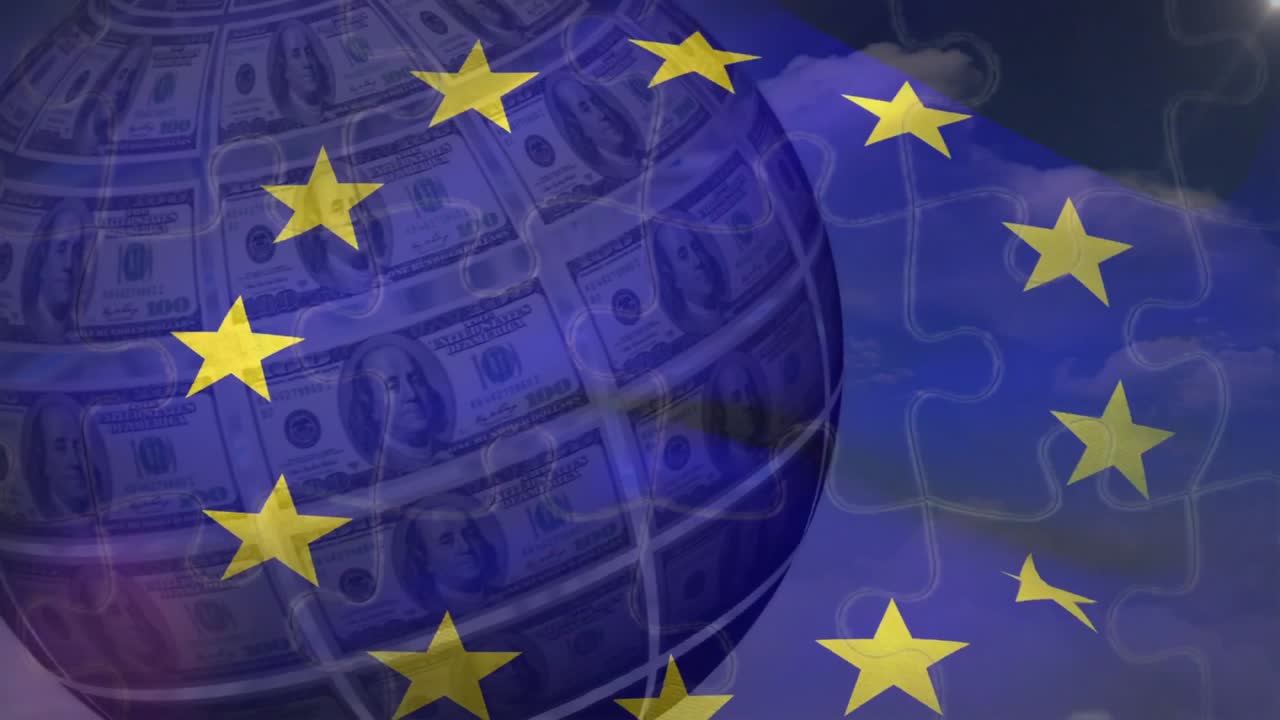 Mano che inserisce e solleva un pezzo di puzzle con un globo rotante, rivelando un pattern a dollaro sotto le stelle dell'UE.