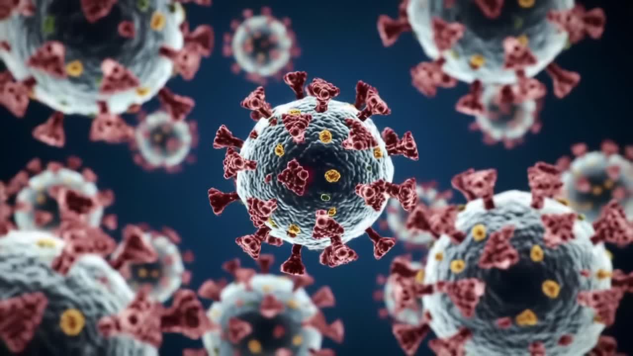 Detailed Close-Up View of Viruses in Motion, Showcasing Their Structure and Intricate Features with a Dark Background, Highlighting the Unseen World of Microbiology