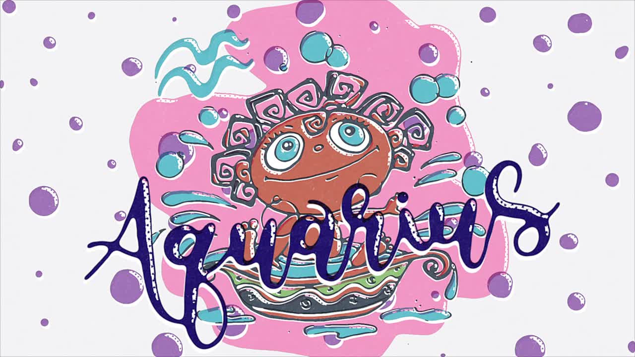 lindo signo de acuario, colorida animación de estilo retro