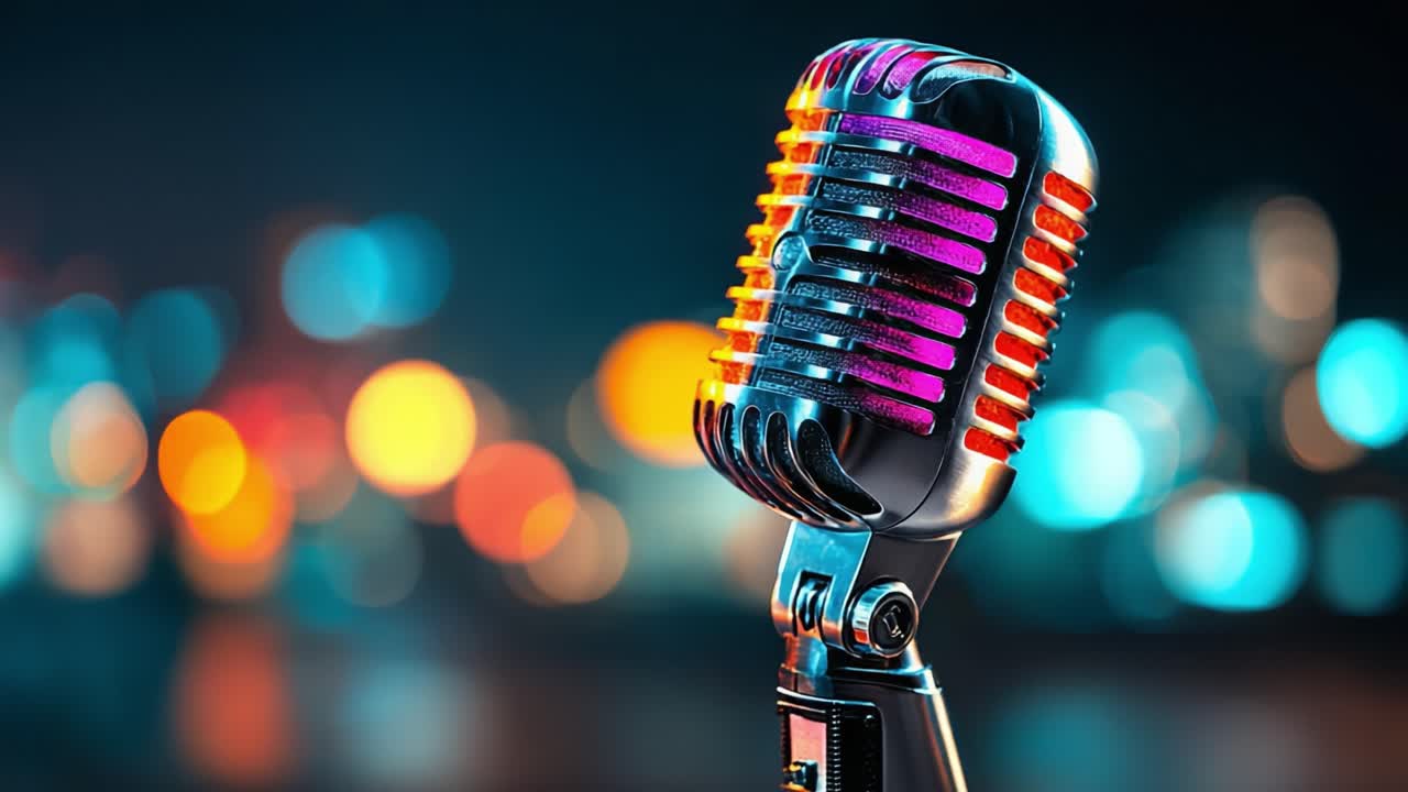 A Stunning Vintage Microphone Captured in a Dazzling Bokeh Background, Highlighting Reflections and Colors in a Creative Close-Up Shot