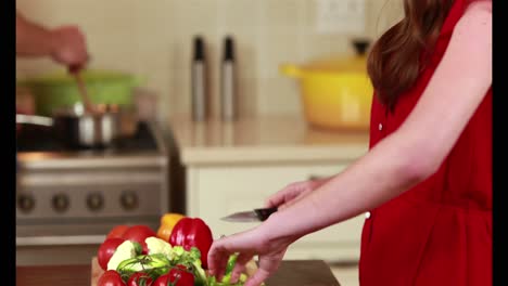 una joven pareja feliz cocinando juntos