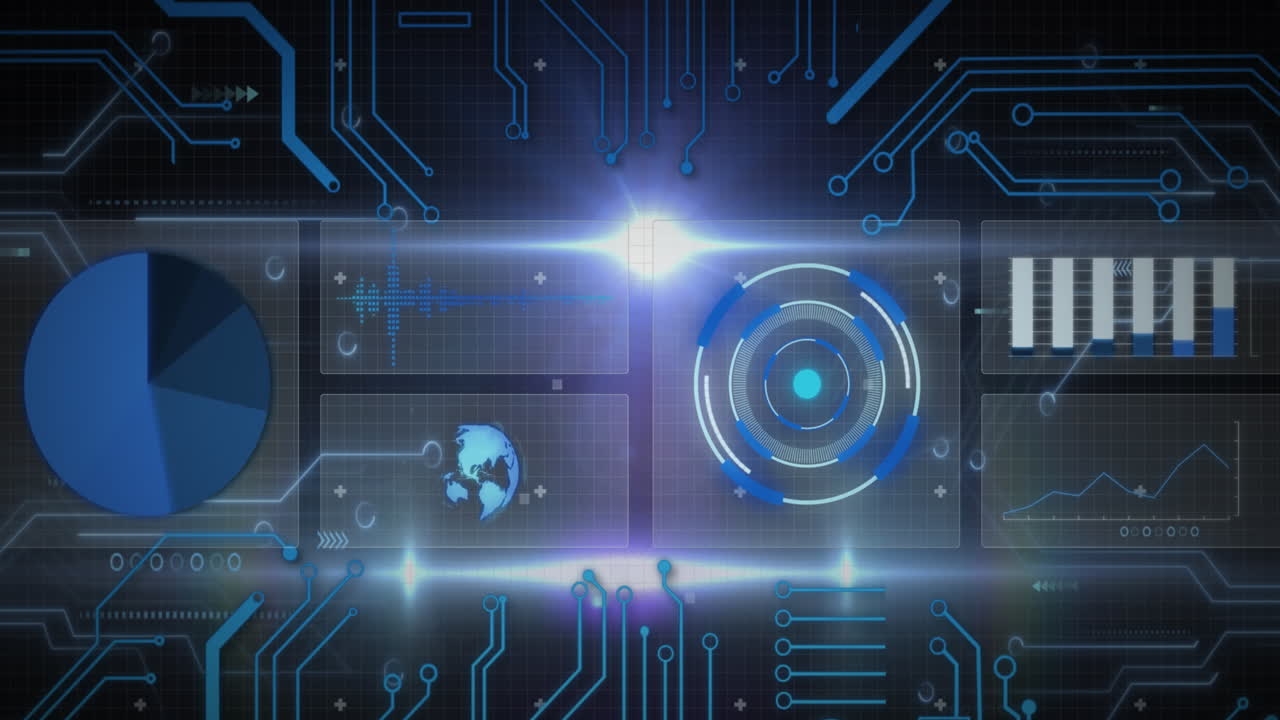 Animation of data processing with scope scanning on black background