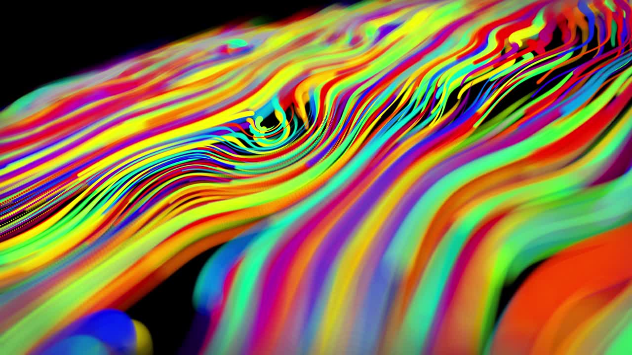 el flujo de partículas forma líneas rizadas como rastros de brillo de diferentes colores, las líneas forman un patrón giratorio como ruido de rizado. abstracto 3d bucle de flujo de animación como fondo festivo creativo brillante
