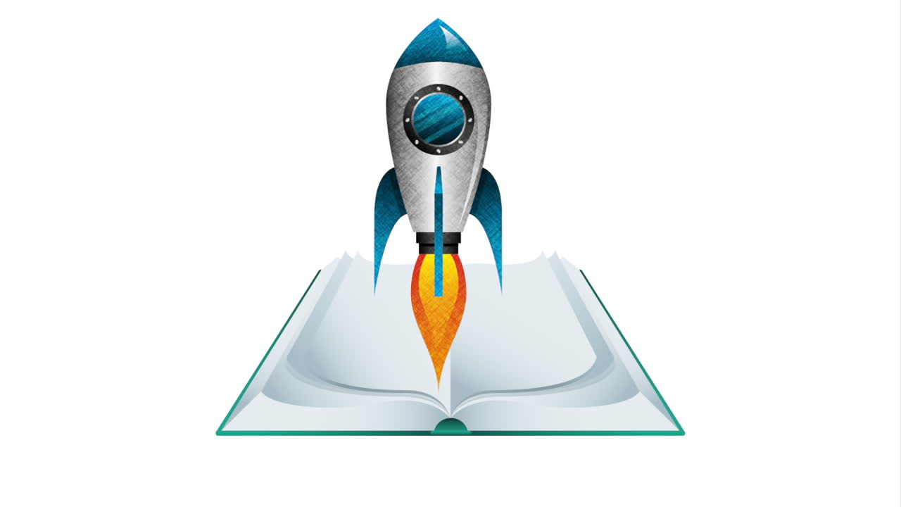 text book and rocket education supply animation