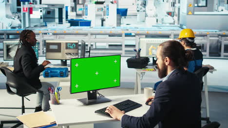 photovoltaics factory worker monitors system performance on green screen pc