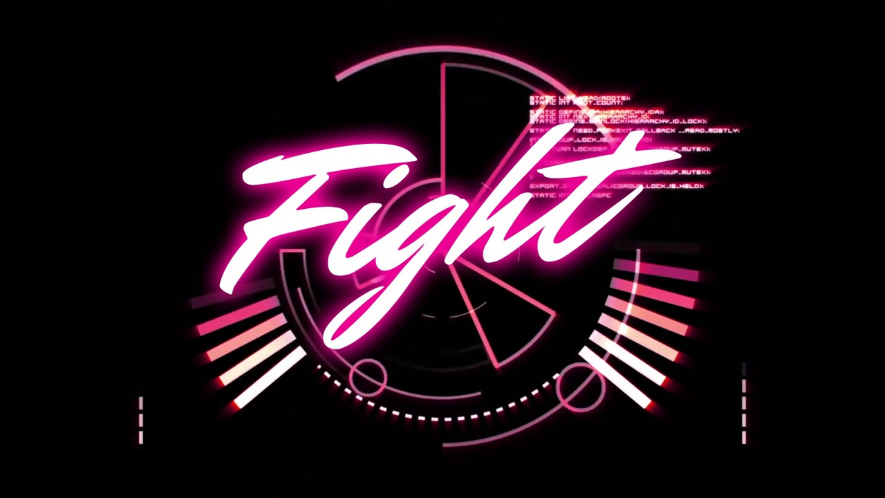 Fondo negro abriendo formas rosas girando en una figura HUD transformándose en Fight, código en cascada