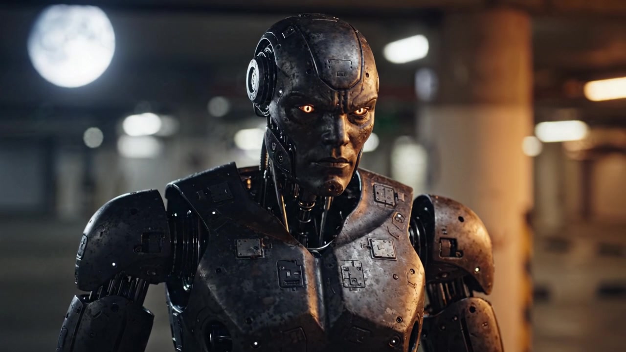 A futuristic robotic figure stands in an industrial environment, showcasing intricate details and metallic textures along with glowing eyes that hint at artificial intelligence.