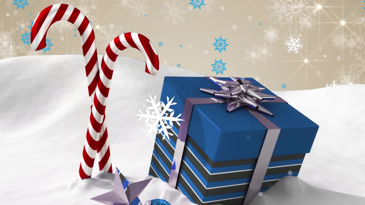 animación de copos de nieve que caen sobre regalos de navidad y bastones de caramelo