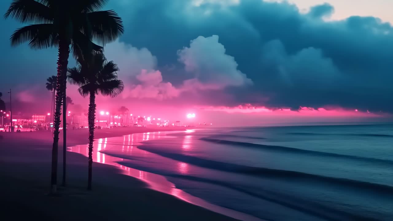 Una scena da sogno, con spiaggia illuminata al neon al crepuscolo, catturata da un angolo basso