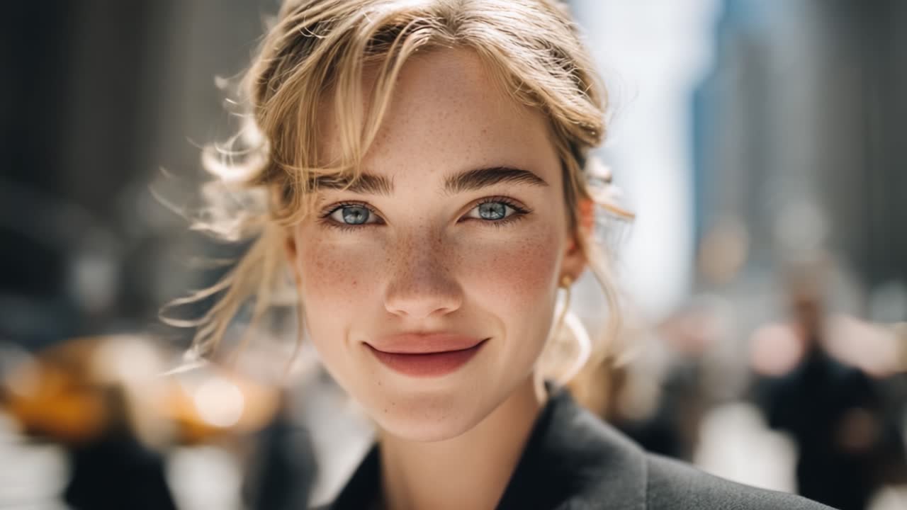A Captivating Moment: A Young Woman with Freckles Smiles Radiantly Against a Bustling Urban Background in Bright Daylight