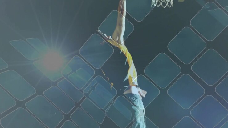 Technology demo showing hoop on clear backboard and ball dropping through grid with lens flare