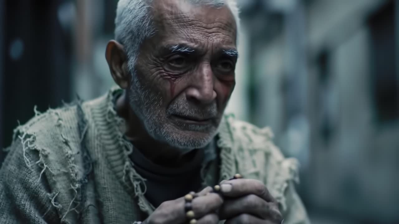 A poignant moment captured in time, showcasing an elderly man's deep contemplation and emotional connection with his prayer beads, set against an atmospheric urban backdrop