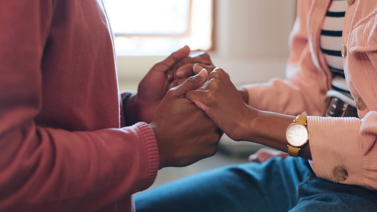 Man, woman and holding hands in trust with support