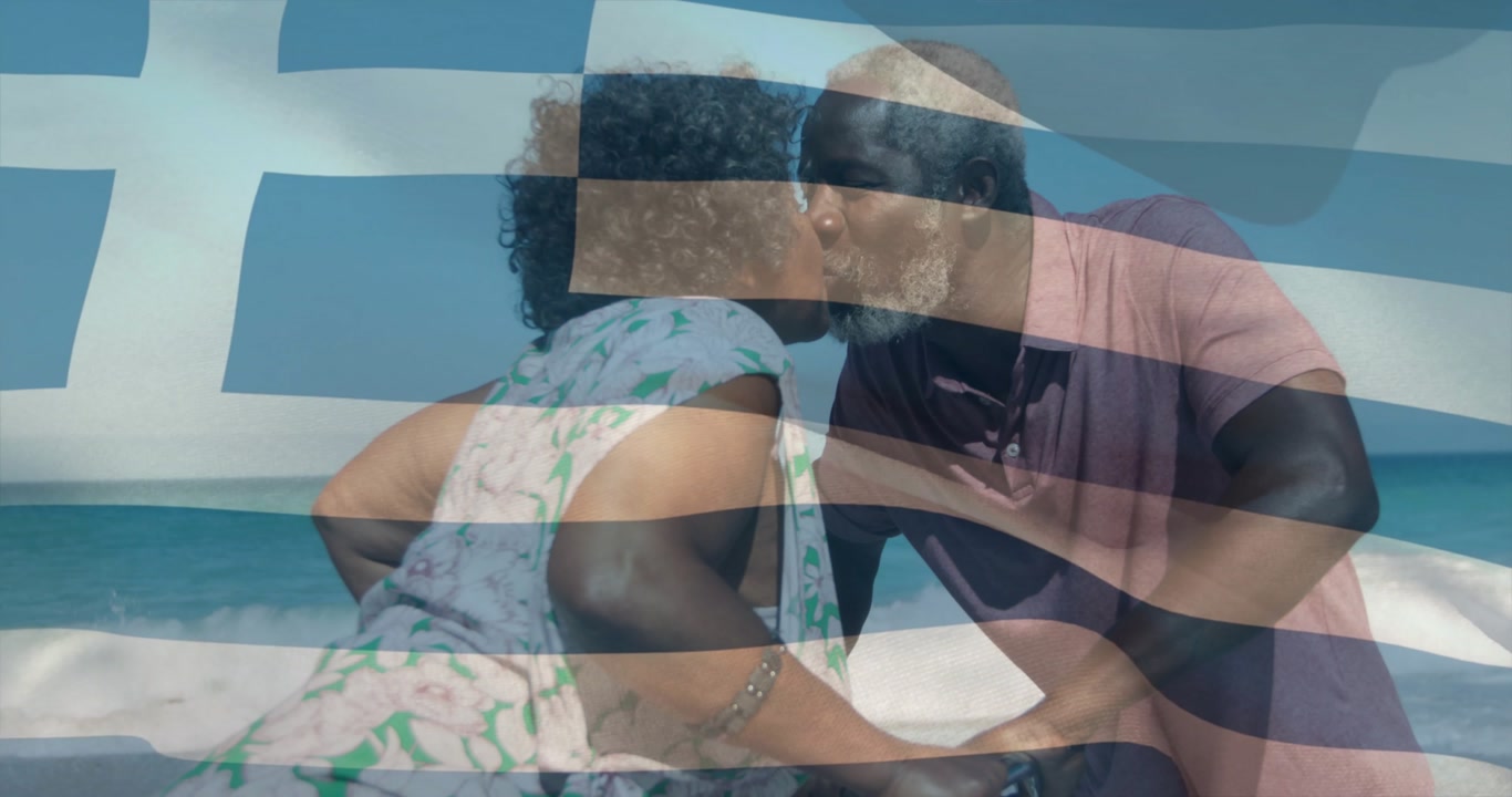 Woman and man holding handlebars on beach leaning touching faces sharing romance flag overlaying