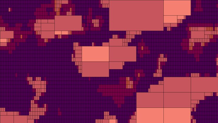 Animazione astratta vibrante di blocchi a mosaico geometrici e pixel che si spostano dinamicamente su una griglia viola intenso, animazione di sfondo quadtree in loop