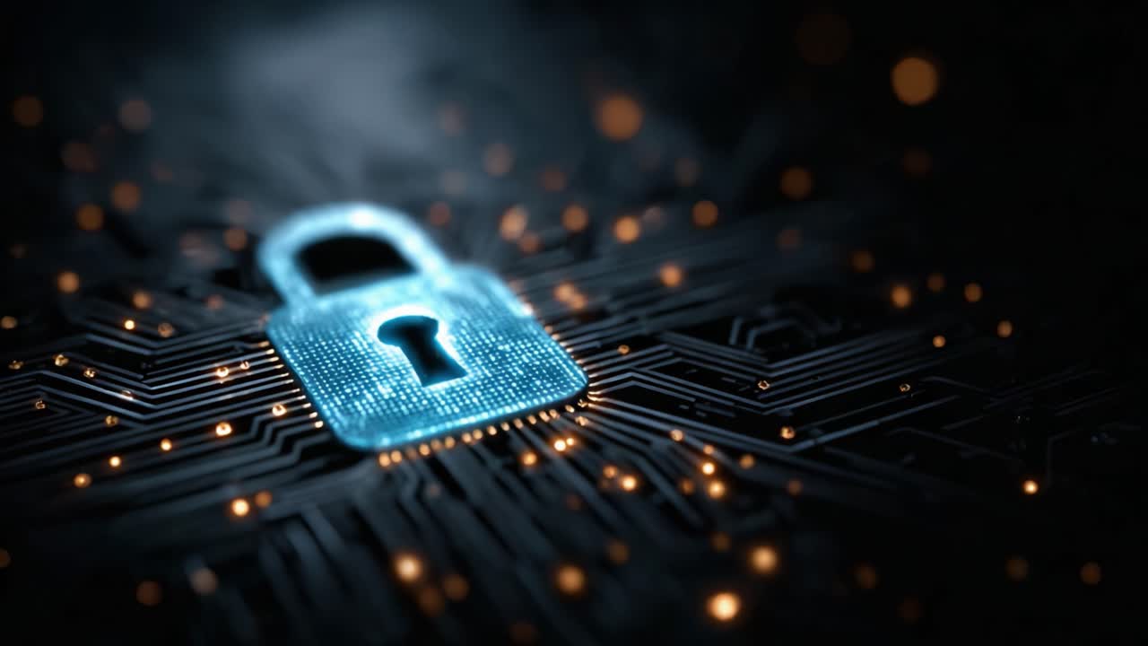 Cybersecurity Concept Featuring a Glowing Digital Lock on Circuit Board Background, Representing Data Protection and Encryption Technologies in the Modern Digital Landscape