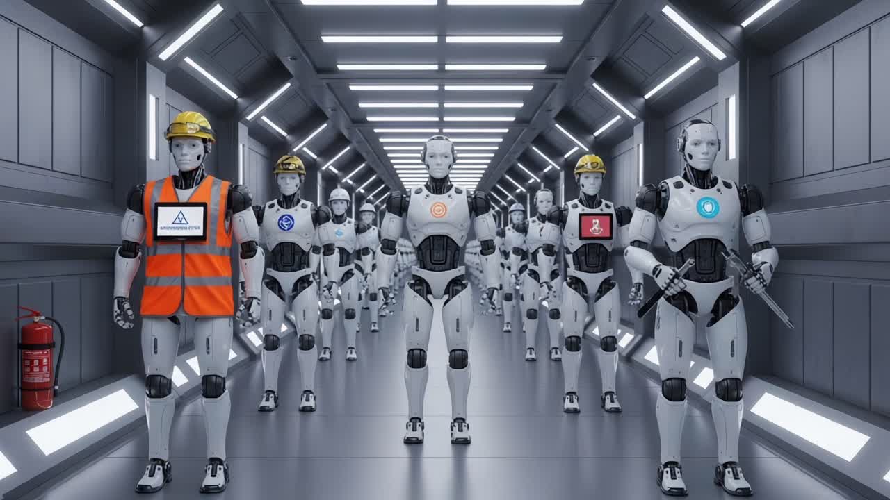 A Lineup of Futuristic Robots in a High-Tech Corridor, Featuring Labors and Security Bots Equipped for Diverse Tasks in a World of Advanced Automation
