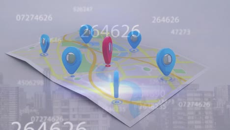 animation of digital map, numbers and cityscape