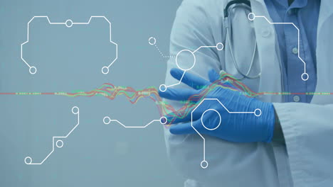 animación de puntos conectados sobre gráficos multicolores, sección media de un médico afroamericano