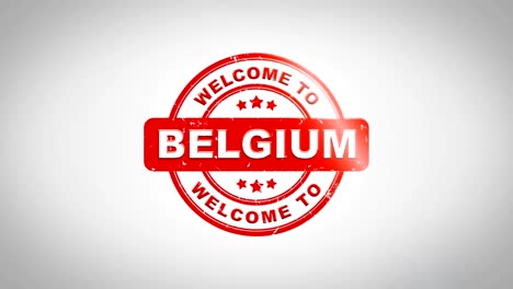 welcome to belgium  signed stamping text wooden stamp animation. red ink on clean white paper surface background with green matte background included.