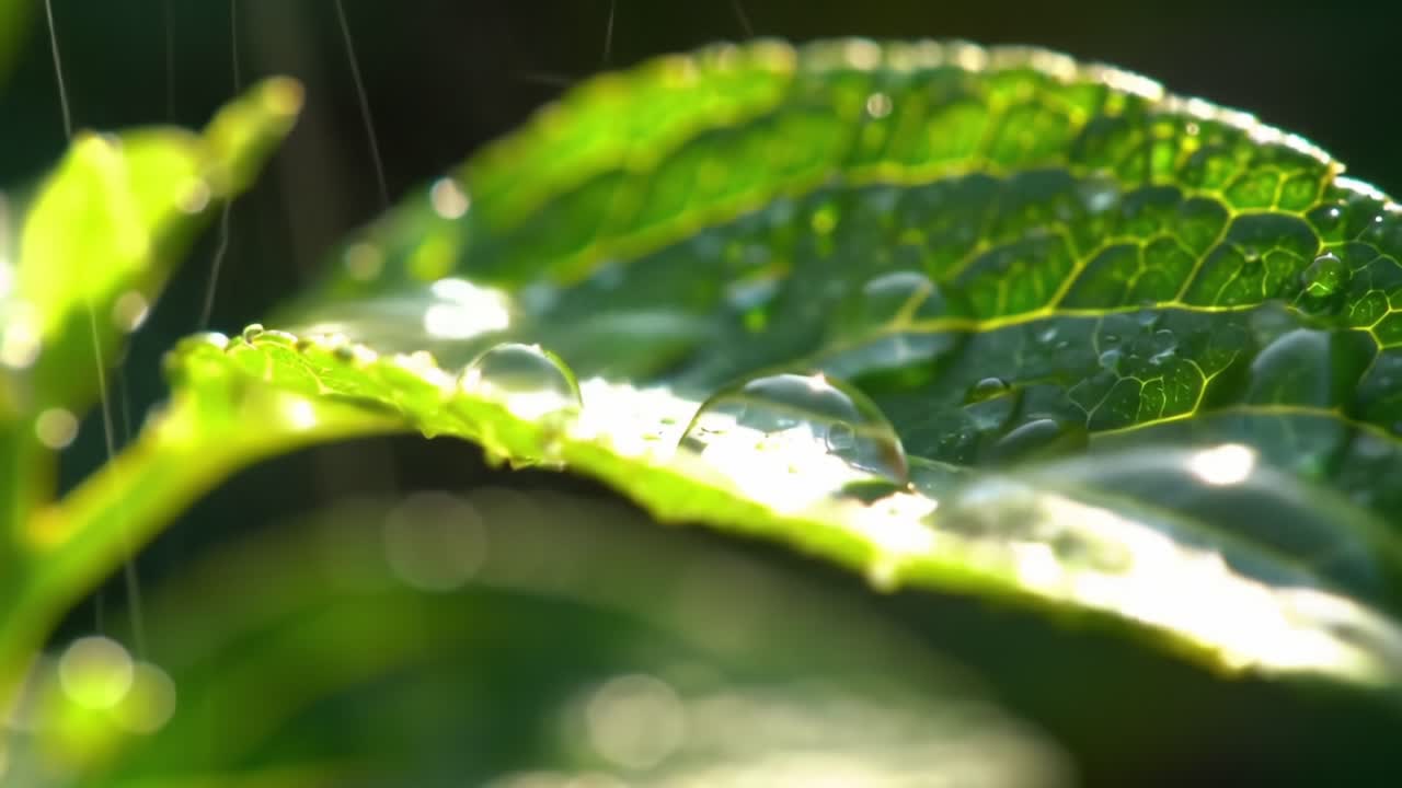 Close-Up of Dew-Laden Green Leaf Capturing the Beauty of Nature's Morning Light and Reflections with Droplets glistening on the Surface and Intricate Veins