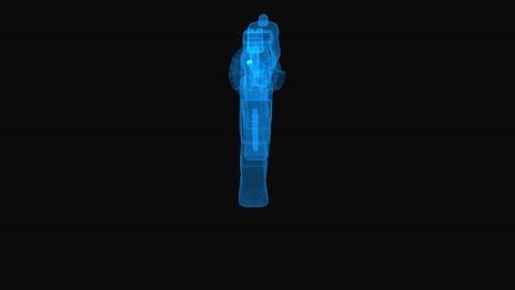 revolver gun wireframe scheme. 3d render with blue grid lines. loop rotation on black background.