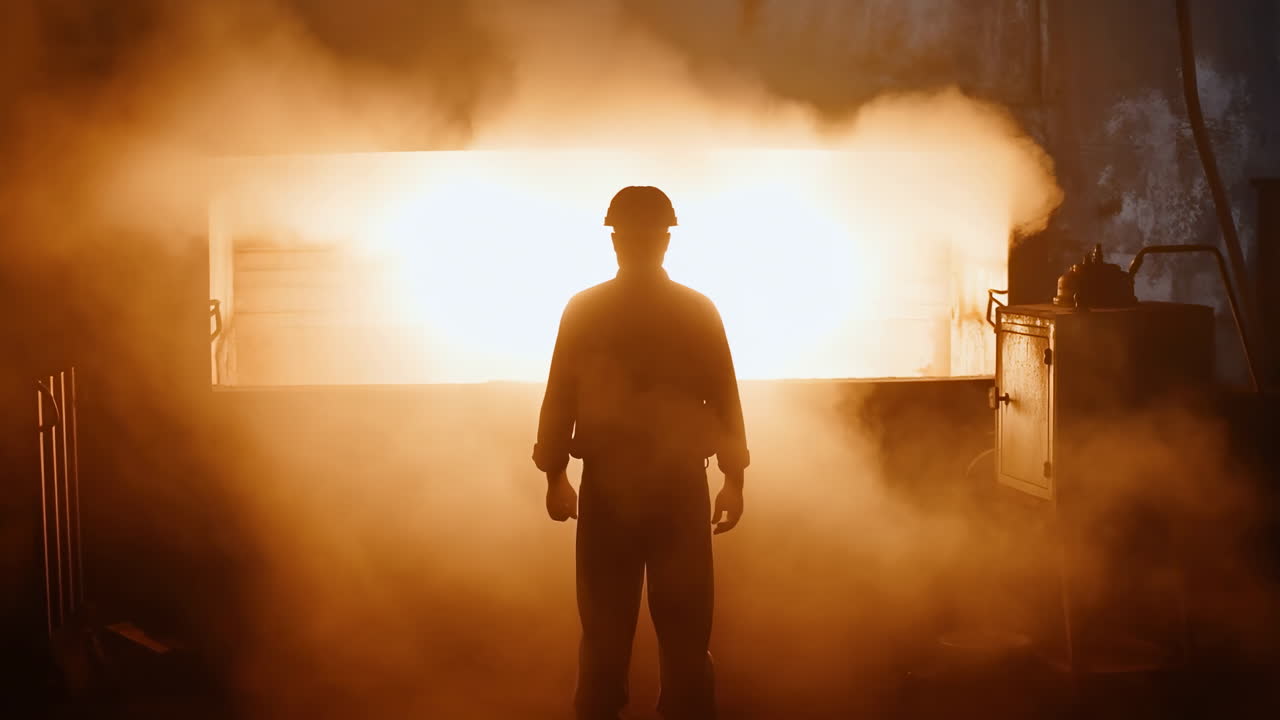 Silhouette di operaio industriale in piedi davanti a una fornace luminosa.