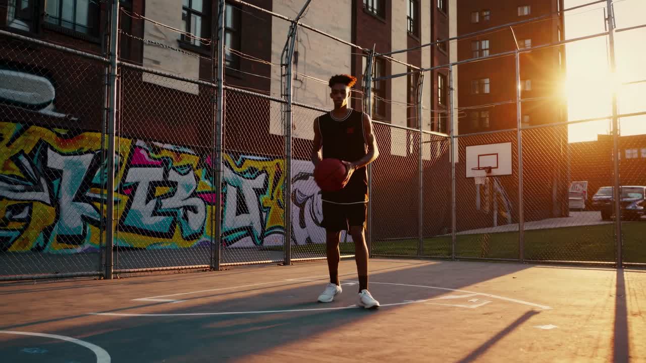 Low-angle video shot of a basketball player on an urban court at sunset, with graffiti