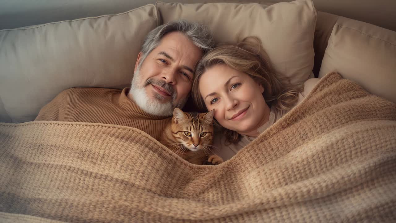 Coppia rilassata che riposa sotto una coperta color tan su un divano beige, uomo con maglione marrone che tiene in braccio un gatto tigrato rosso