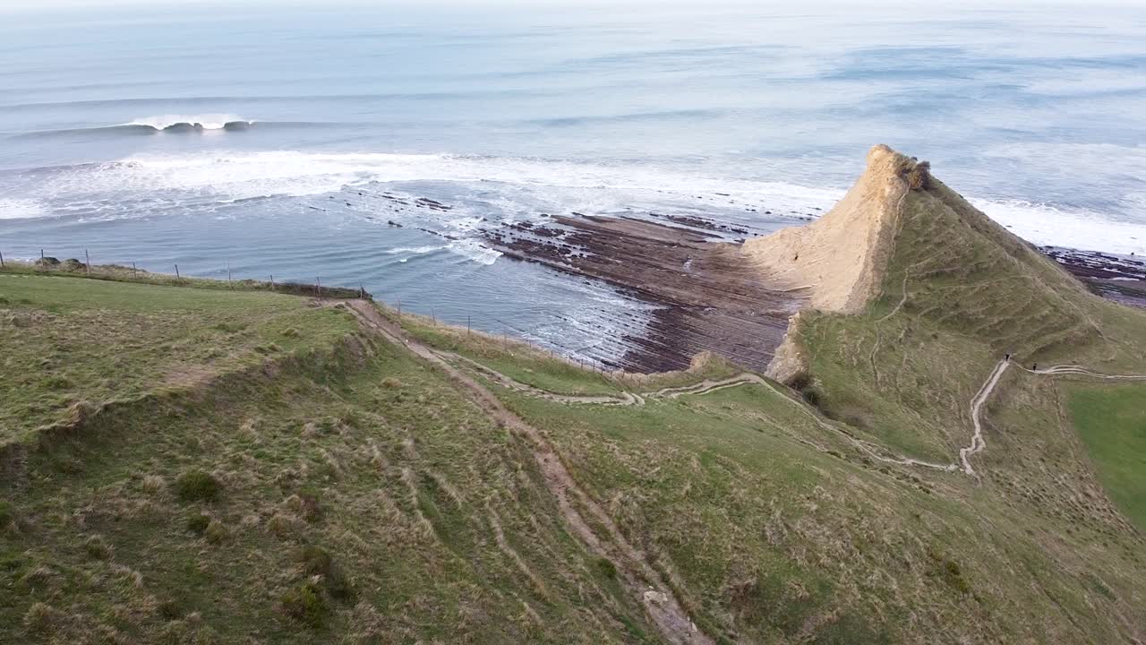 Aerial drone view of the coast flysch structure in the beach of Sakoneta in the Basque Country