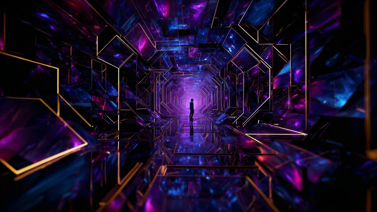 A surreal journey through an abstract corridor illuminated by vibrant neon lights, featuring a lone figure in a futuristic space that reflects a blend of technology and art, creating a mesmerizing visual experience