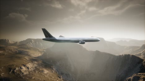 passenger aircraft over mountain landscape