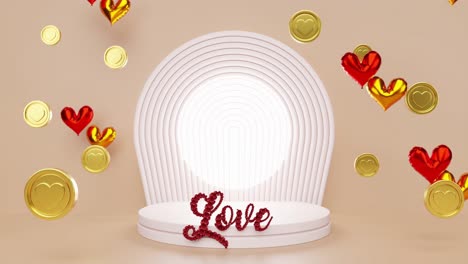 display-product-with-heart-background-in-gold-coin-and-balloons-and-love-letters-for-st-valentine-celebration-romantic-couple-affair-rendering-animation