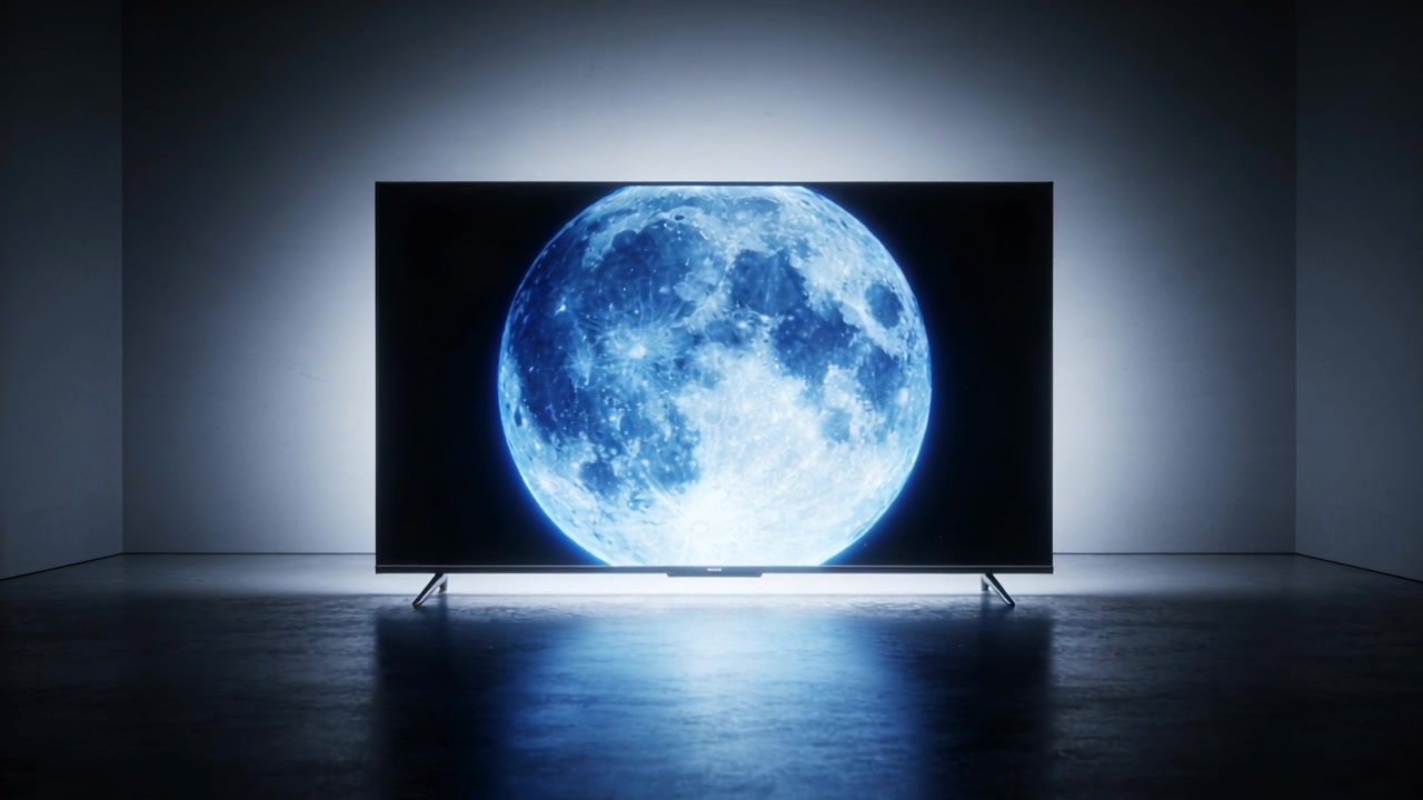 Accensione di un display a schermo piatto che mostra una luna blu, che si muove verso l'alto sul pavimento della galleria, con un alone che si riflette.